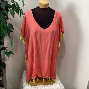 C & T Beach cover up womans XL peachy orange with bright yellow tassels